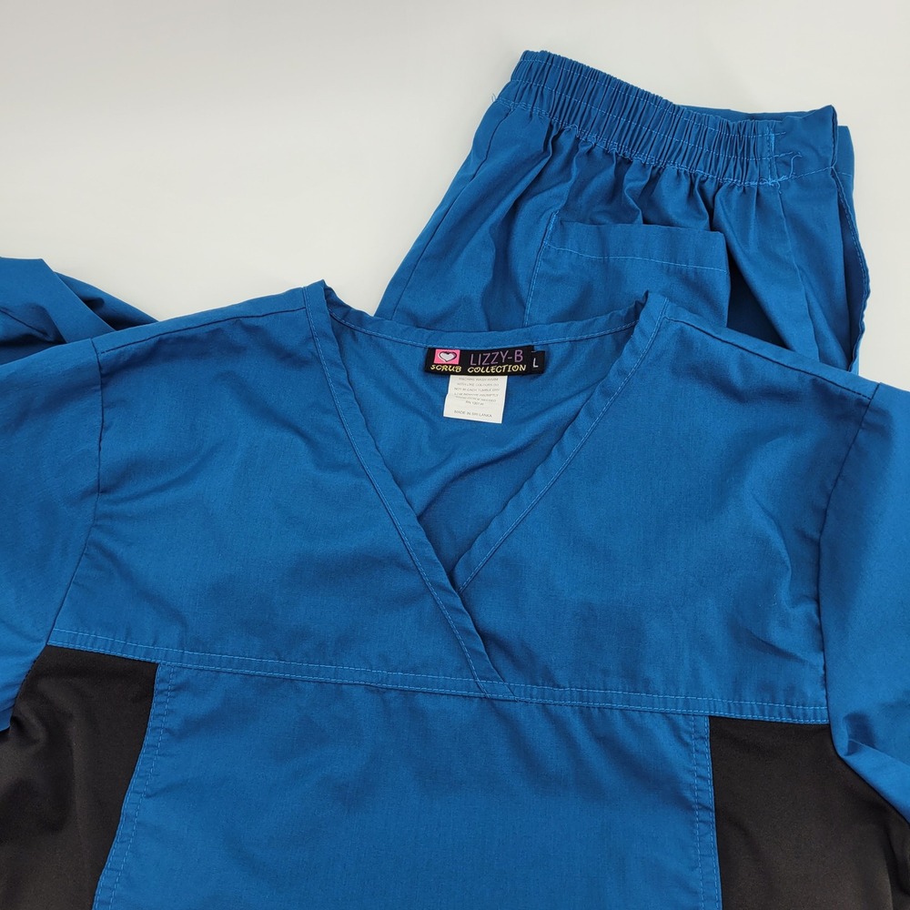 Lizzy-B Scrub Collection Womens L Blue Black V-Neck Top and Pants Set Medical